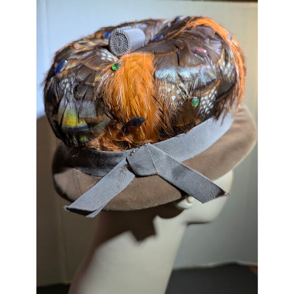 Vintage 50s Sears Fashion Millinery Feather cloche Hat Brown Orange Mid-Century main image 9